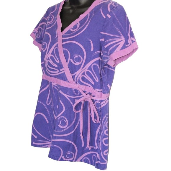 Koi Small Purple Modern Swirling Mock Wrap Kimono Style Medical Scrub Top Nurse - Picture 4 of 11